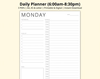 Daily Planner, 7 Day Time Block Template, Half Hourly Planner, 30 Minute Schedule, Mon-Sun, Time Management, Printable/Digital, A4/A5/Letter