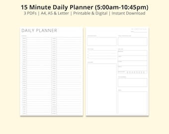 Peut inclure: Un planificateur quotidien imprimable sur fond blanc. Le planificateur est divisé en deux sections, l'une pour la planification de 5h00 à 22h45 par intervalles de 15 minutes, et l'autre pour les notes et les tâches. Le texte "DAILY PLANNER" est en haut.