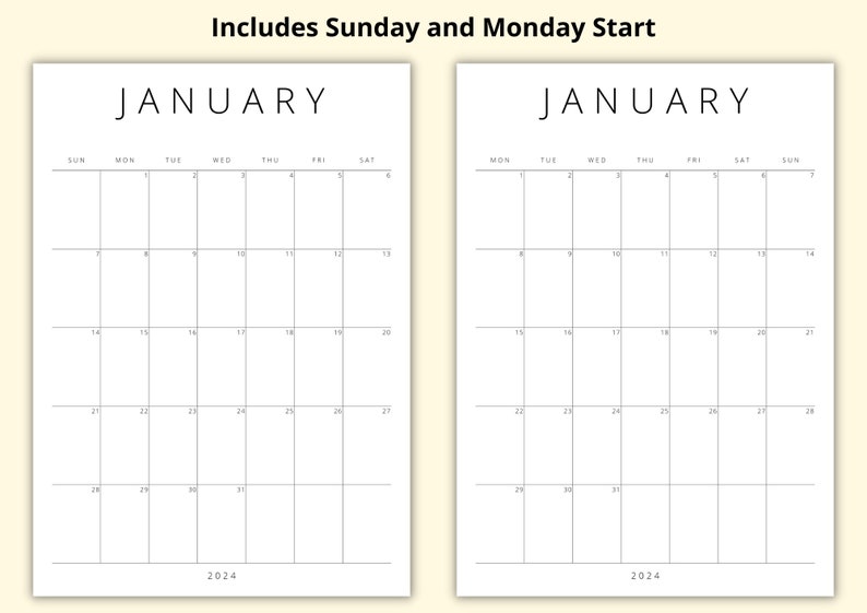 2024 Calendar Printable Portrait Calendar Simple Monthly Etsy UK