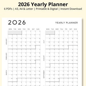 Planificador anual 2026, Resumen del año, Planificador anual, Calendario de 12 meses, Resumen anual, Calendario de pared/escritorio, Planificador de oficina, A3/A4/Carta