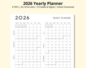 2026 Yearly Planner, Year at a Glance, Annual Planner, 12 Month Calendar, Yearly Overview, Wall/Desk Calendar, Office Planner, A3/A4/Letter