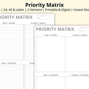 Matriz de prioridades, Matriz de Eisenhower, Matriz de decisiones, Gestión de tareas diarias, Lista de tareas pendientes, Planificador de productividad, Imprimible/Digital, A4/A5/Carta
