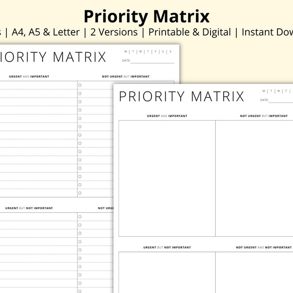 Priority Matrix, Eisenhower Matrix, Decision Matrix, Daily Task Management, To Do List, Productivity Planner, Printable/Digital,A4/A5/Letter