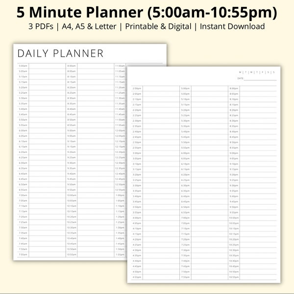 5 Minute Planner, Appointment Tracker, Time Block PDF, Schedule Template, Daily Overview, Time Management, Printable/Digital, A4/A5/Letter