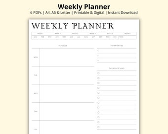 Weekly Planner, Week at a Glance, 7 Day Planner Template, Weekly Overview, Tasks List, Productivity Planner, Printable/Digital, A4/A5/Letter