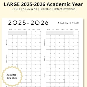 LARGE 2025-2026 Academic Planner, Year at a Glance, Academic Year, 12 Month Calendar, Yearly Overview, Wall/Desk School Calendar, A1/A2/A3