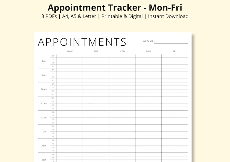 Appointment Tracker Printable, 15 Minute Interval Planner Template, 5 Day Appointment Sheet, Appointment Diary, Weekly Overview,A4/A5/Letter image 1