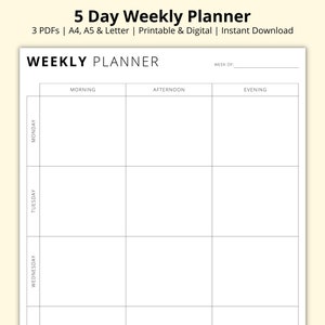 5 Day Weekly Planner, Week at a Glance, Work/School Plan, Weekly Overview, Tasks List, Productivity Planner, Printable/Digital, A4/A5/Letter