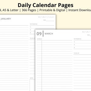Puede incluir: Dos páginas de calendario diario imprimibles, una para el 31 de enero y otra para el 9 de marzo. Cada página tiene secciones para las principales prioridades, la lista de tareas, el horario y las notas.