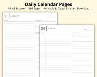 365 Daily Planner Pages, Daily Calendar Template, Blank Schedule, Time Blocking PDF, Productivity Planner, Printable/Digital, A4/A5/Letter