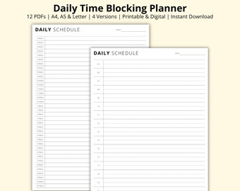 Peut inclure: Deux modèles de planning journalier vierges avec le texte "DAILY SCHEDULE" en haut de chaque page. Les modèles sont conçus pour le blocage de temps et ont des créneaux horaires de 7h00 à 22h00.