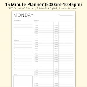 15 Minute Planner, Daily Time Block, Printable Appointment Sheet, 7 Day Schedule Template, Daily Tasks, Productivity Planner, A4/A5/Letter