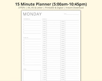 15 Minute Planner, Daily Time Block, Printable Appointment Sheet, 7 Day Schedule Template, Daily Tasks, Productivity Planner, A4/A5/Letter