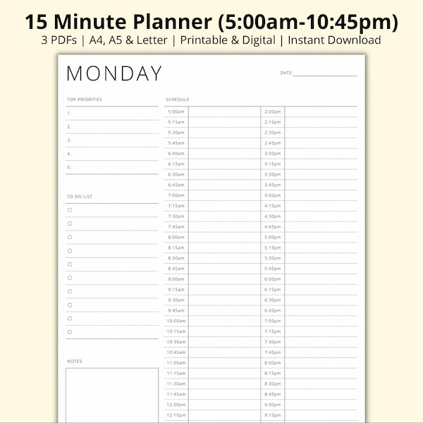 15 Minute Planner, Daily Time Block, Printable Appointment Sheet, 7 Day Schedule Template, Daily Tasks, Productivity Planner, A4/A5/Letter