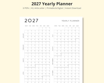 2027 Yearly Planner, 2027 Year Calendar, Annual Planner, 12 Month Calendar, Yearly Overview, Wall/Desk Calendar, Work Planner, A3/A4/Letter