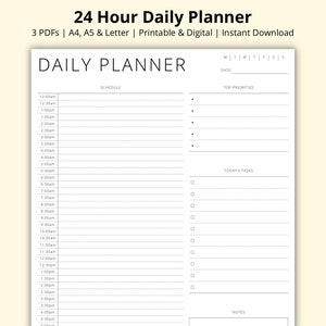 Planificador diario de 24 horas, incremento de 30 minutos, PDF de bloqueo de tiempo por hora, plantilla de programación diaria, resumen diario, imprimible/digital, A4/A5/Carta