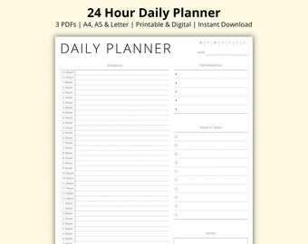 24 Hour Daily Planner, 30 Minute Increment, Hourly Time Blocking PDF, Day Schedule Template, Daily Overview, Printable/Digital, A4/A5/Letter