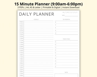 15 Minute Planner Printable, Time Blocking PDF, Day Schedule Template, Daily Planner Overview, Task List, Productivity Planner, A4/A5/Letter
