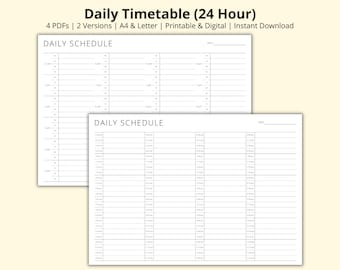 May include: A printable daily schedule template in black and white. The template is divided into 24 hours, with each hour marked in 15-minute increments. The template is designed for use with a pen or pencil.