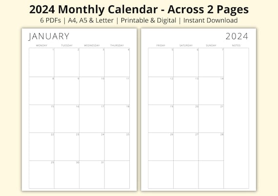 Calendrier mensuel 2024, agenda 2 pages, calendrier sur 12 mois, PDF en un  coup d'oeil sur le mois, portrait/vertical, imprimable/numérique, A4/A5/Lettre  -  France