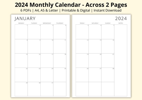 Calendrier mensuel 2024, agenda 2 pages, calendrier sur 12 mois, PDF en un  coup d'oeil sur le mois, portrait/vertical, imprimable/numérique, A4/A5/Lettre  -  France