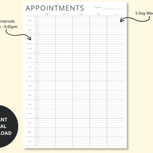 Appointment Tracker Printable, 15 Minute Interval Planner Template, 5 Day Appointment Sheet, Appointment Diary, Weekly Overview,A4/A5/Letter image 2