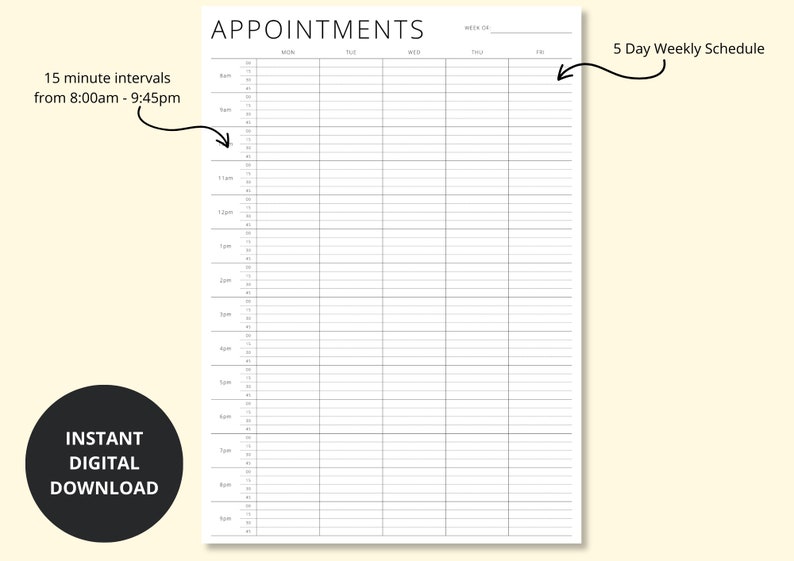 Appointment Tracker Printable, 15 Minute Interval Planner Template, 5 Day Appointment Sheet, Appointment Diary, Weekly Overview,A4/A5/Letter image 2