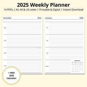 Planificador semanal 2025, calendario semanal con fecha, calendario 2025 en PDF, WO2P, planificador anual, resumen de la semana, agenda imprimible/digital, tamaño A4/A5/carta