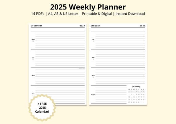 2025 Weekly Planner, Dated Weekly Calendar, 2025 Calendar PDF, WO2P, Annual Planner, Week at a Glance, Printable/Digital Diary, A4/A5/Letter