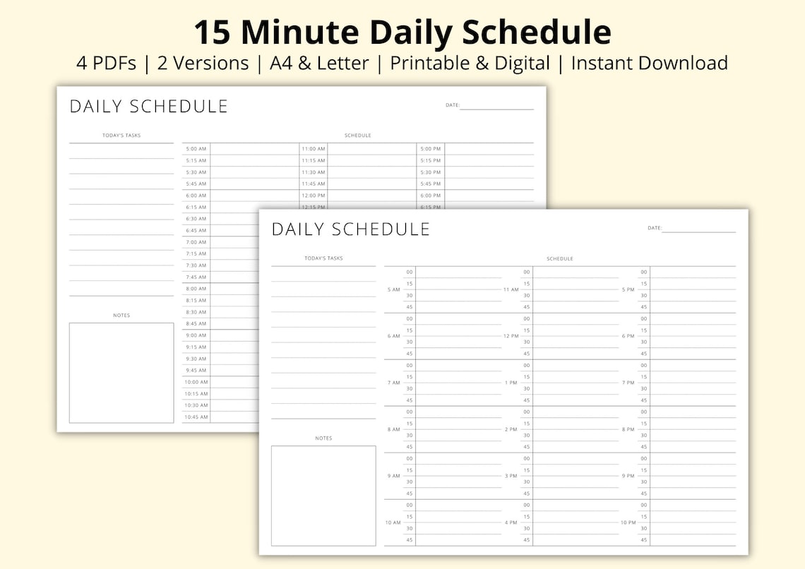 15 Minute Daily Schedule Printable Timetable Sheet Day Etsy 15 Minute Daily Schedule Printable Timetable Sheet Day Etsy