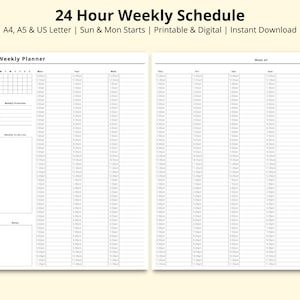 Könnte beinhalten: Ein druckbarer und digitaler Wochenplaner mit einem 24-Stunden-Zeitplan, der am Sonntag beginnt. Der Planer enthält Abschnitte für wöchentliche Prioritäten, eine To-Do-Liste und Notizen.