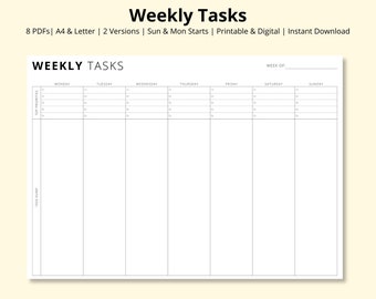Weekly Tasks Planner, 7 Day Planner Template, WO1P, Weekly Overview, Weekly Tasks Dump, Productivity Planner, Printable/Digital, A4/Letter