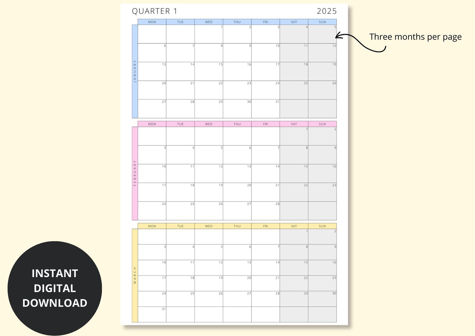 2025 Calendar, 3 Months per Page, Quarterly Planner, 12 Month Calendar ...