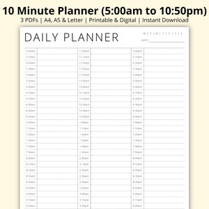 Planificador de 10 minutos imprimible, Planificador diario simple, Bloqueo de tiempo, Plantilla de programación diaria, Resumen diario, Planificador de productividad, A4/A5/Carta