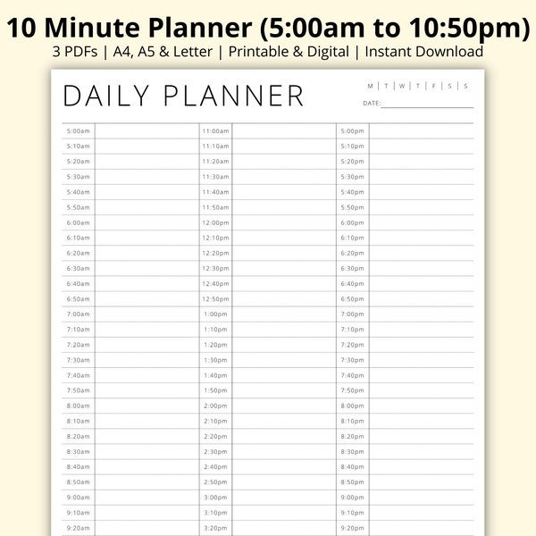 10 Minute Planner Printable, Simple Daily Planner, Time Blocking, Day Schedule Template, Daily Overview, Productivity Planner, A4/A5/Letter