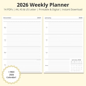 May include: A white 2026 weekly planner with lined pages for each day of the week. The planner includes a calendar for January 2026 and the text "2026 Weekly Planner". It also includes a free 2026 calendar.