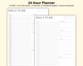 Puede incluir: Dos hojas de planificador diario de 24 horas blancas con el texto "DAILY PLAN" en la parte superior. Las hojas tienen un horario, las tareas principales, una lista de tareas y secciones de notas. La parte superior de la imagen dice "24 Hour Planner".