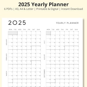 Planificador anual 2025, resumen del año, planificador anual, calendario de 12 meses, resumen anual, calendario de pared o de escritorio, planificador de oficina, tamaño A3, A4 o carta