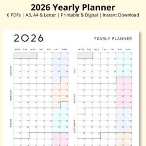 Planificador anual 2026, Resumen del año, Calendario anual, Calendario de 12 meses, Resumen anual, Calendario de pared/escritorio, Planificador de trabajo, A3/A4/Carta