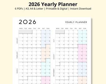 2026 Yearly Planner, Year at a Glance, Annual Calendar, 12 Month Calendar, Yearly Overview, Wall/Desk Calendar, Work Planner, A3/A4/Letter