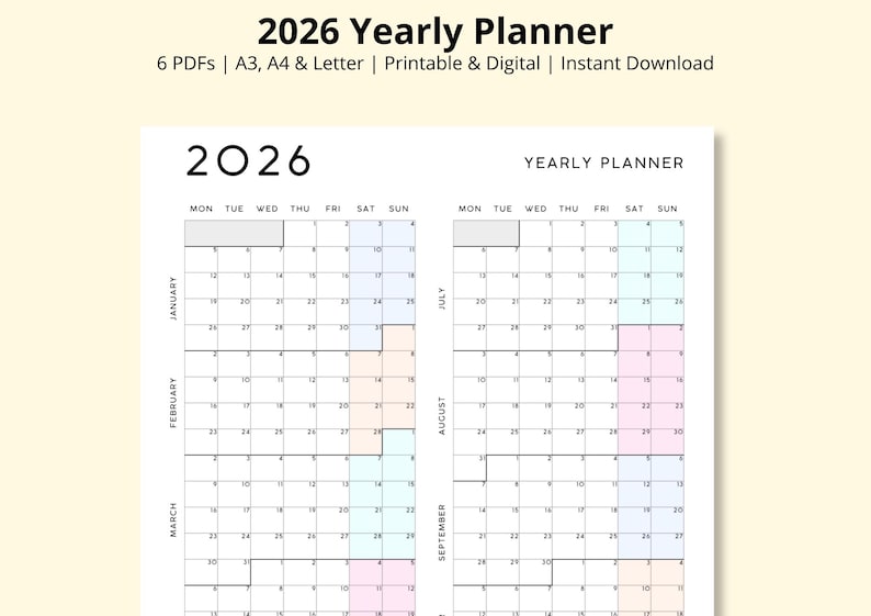 K&ouml;nnte beinhalten: Ein Jahresplaner 2026 mit wei&szlig;em Hintergrund. Das Kalenderraster ist in Monate unterteilt, wobei jeder Monat eine andere Pastellfarbe hervorhebt. Der Text "2026 Yearly Planner" steht oben, zusammen mit dem Text "6 PDFs | A3, A4 & Letter | Printable & Digital | Instant Download".