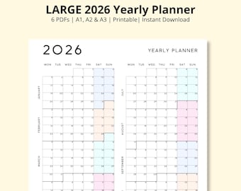 LARGE 2026 Yearly Planner, Year at a Glance, Annual Calendar, 12 Month Calendar, Yearly Overview, Large Wall Calendar, Work Planner,A1/A2/A3