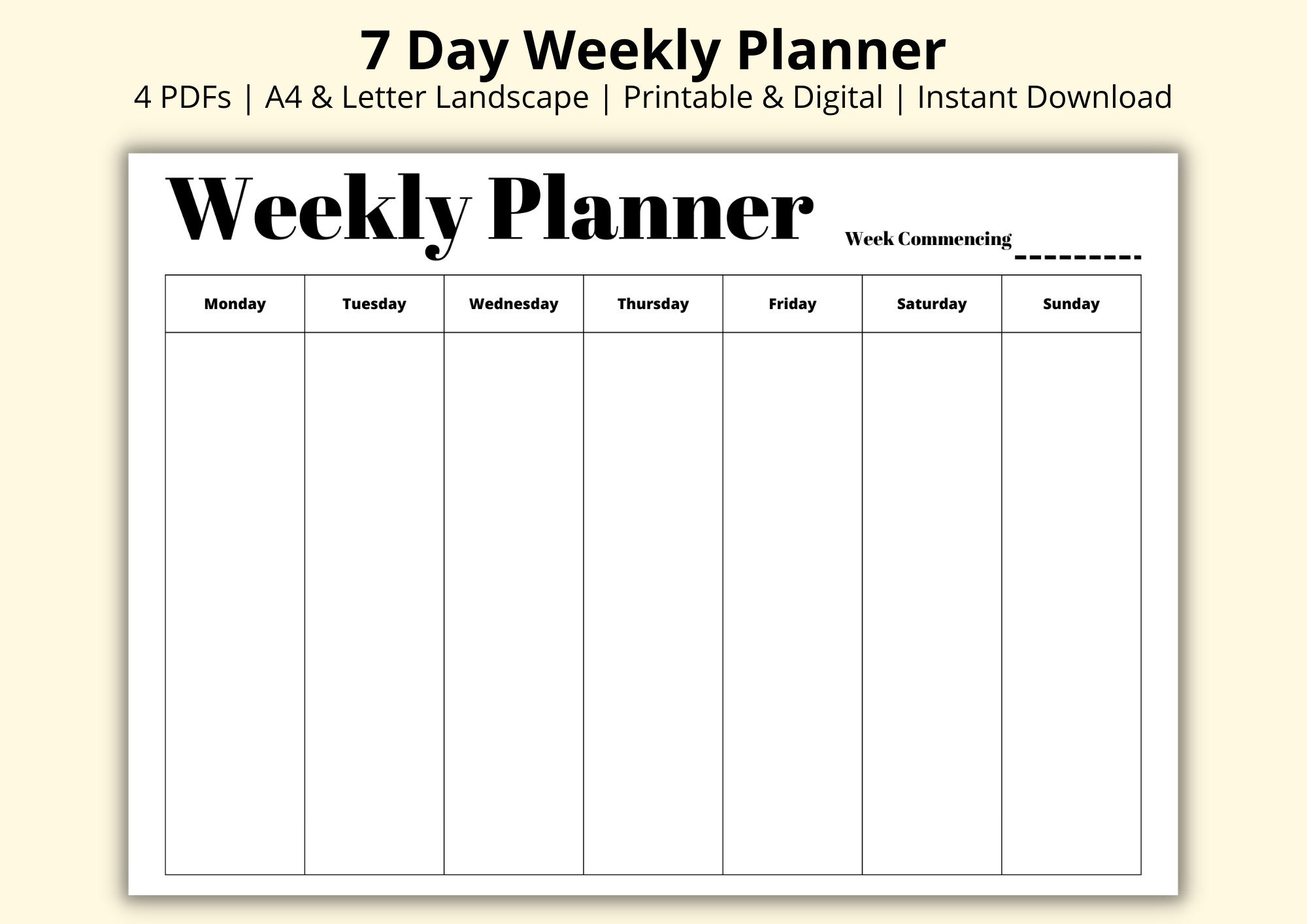 7 Day Weekly Planner, Simple Weekly Overview, Week at a Glance, Weekly to Do List, Landscape/horizontal, Digital/printable, A4/letter - Etsy 7-day-weekly-planner-simple-weekly-overview-week-at-a-glance-weekly-to-do-list-landscape-horizontal-digital-printable-a4-letter-etsy