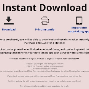 K&ouml;nnte beinhalten: Sofortige Download-Grafik mit einem Download-Pfeil, einem Drucker-Symbol und einem Smartphone-Symbol. Der Text lautet "Sofortiger Download", "Download", "Sofort drucken" und "In Notiz-App importieren". Der Text lautet auch "Nach dem Kauf k&ouml;nnen Sie diesen Tracker sofort herunterladen und verwenden. Einmal kaufen...lebenslang nutzen!" und "Dieser Tracker kann unbegrenzt oft gedruckt werden und kann in einen neuen oder bestehenden digitalen Planer in Ihrer Notiz-App wie GoodNotes und Notability importiert werden."