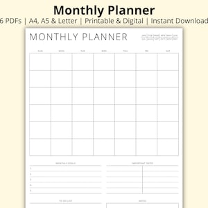Planificador mensual, agenda mensual, resumen del mes, plantilla de calendario, lista de tareas, planificador de productividad, imprimible/digital, A4/A5/carta