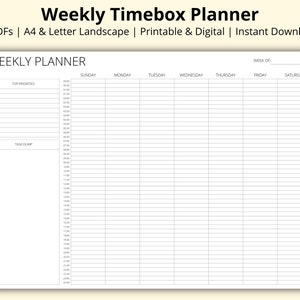 Weekly Timebox Planner, Weekly Time Blocking Template, Week at a Glance, 24 Hour Planner, Half Hourly Schedule, Printable/Digital, A4/Letter