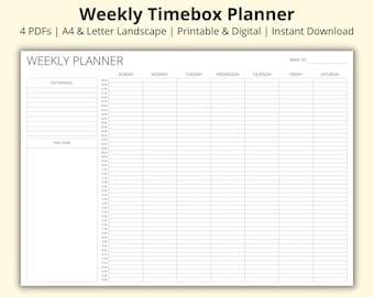 Weekly Timebox Planner, Weekly Time Blocking Template, Week at a Glance, 24 Hour Planner, Half Hourly Schedule, Printable/Digital, A4/Letter