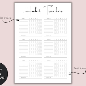 K&ouml;nnte beinhalten: Ein druckbarer Gewohnheits-Tracker in Schwarzwei&szlig;. Der Tracker ist in sechs Abschnitte unterteilt, jeder mit Platz f&uuml;r die Verfolgung von zehn Gewohnheiten &uuml;ber eine Woche. Der Text "Habit Tracker" befindet sich oben auf der Seite. Der Text "10 Gewohnheiten pro Woche verfolgen!" befindet sich oben links auf der Seite. Der Text "6 Wochen auf einer Seite verfolgen" befindet sich unten rechts auf der Seite.