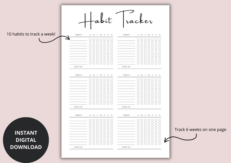 K&ouml;nnte beinhalten: Ein druckbarer Gewohnheits-Tracker in Schwarzwei&szlig;. Der Tracker ist in sechs Abschnitte unterteilt, jeder mit Platz f&uuml;r die Verfolgung von zehn Gewohnheiten &uuml;ber eine Woche. Der Text "Habit Tracker" befindet sich oben auf der Seite. Der Text "10 Gewohnheiten pro Woche verfolgen!" befindet sich oben links auf der Seite. Der Text "6 Wochen auf einer Seite verfolgen" befindet sich unten rechts auf der Seite.