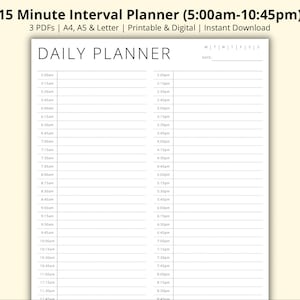Planificador de intervalos de 15 minutos, Planificador de bloqueo de tiempo, Seguimiento de citas diarias, Horario diario, Agenda diaria, Simple/Minimalista, A4/A5/Carta